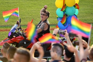 Dykes on Bikes take part in the parade.