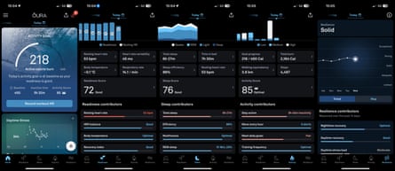 Screenshots from the Oura app showing the various main pages of data.