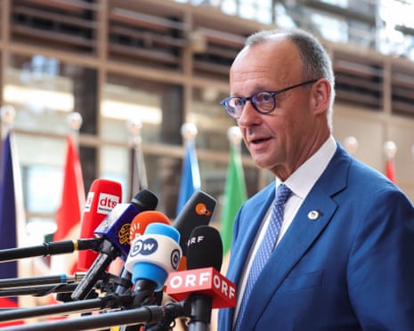German chancellor Friedrich Merz speaks to the press at the European Union leaders’ summit in Brussels, Belgium.