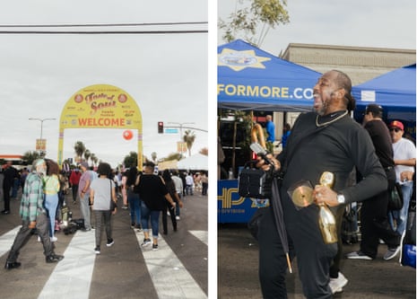 Left: People entering a festival Right: A joyful man holding bottles, a cd, and a microphone