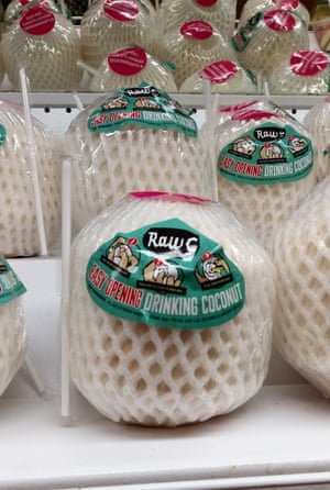 Excessive plastic packaging of a coconut