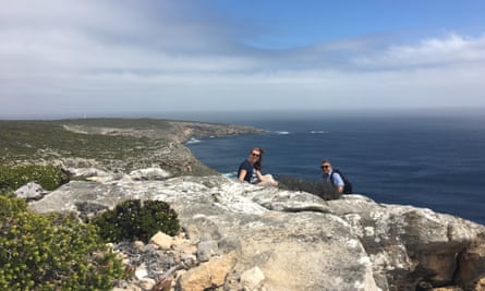 Emma John (the wrier) and her guide Tim on the trail above Maupertuis Bay
