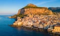 Aerial view of the ancient town of Cefalu, Unesco World Heritage site, at sunset. Palermo district, Sicily, Italy.<br>2T9KYPX Aerial view of the ancient town of Cefalu, Unesco World Heritage site, at sunset. Palermo district, Sicily, Italy.