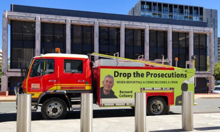 A protest vehicle outside the Law Courts of ACT in Canberra on 29 March 2021