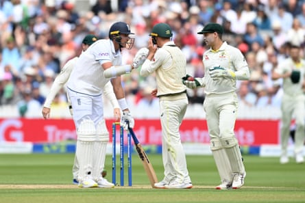 Stuart Broad makes a point of grounding his bat after Jonny Bairstow’s controversial dismissal in the second Ashes Test at Lord’s.