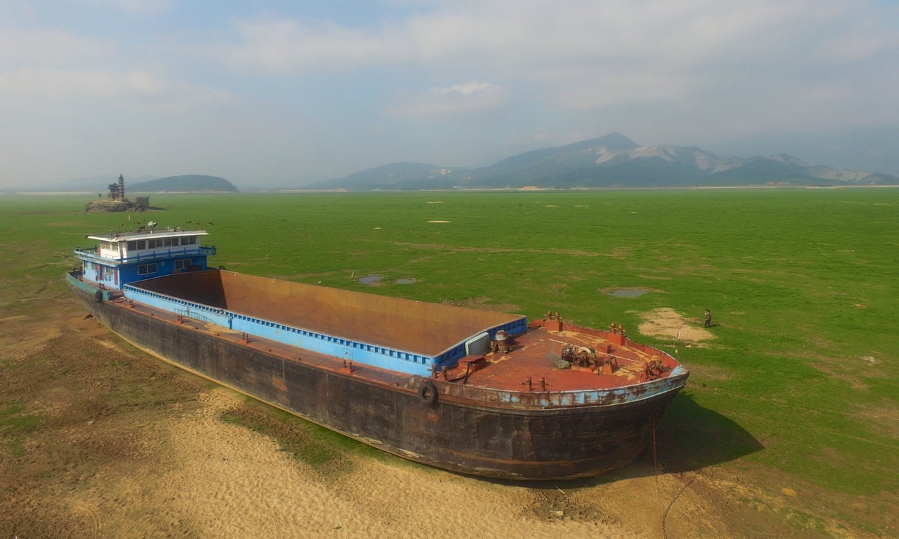 A boat is stranded on the Poyang Lake in east China.