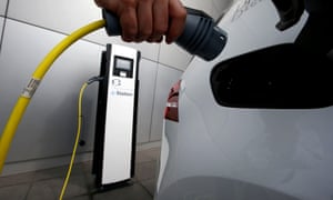 An electric car being charged in Dresden, Germany