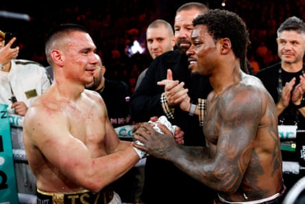 Tim Tszyu and Errol Spence Jr shake hands after the fight