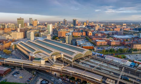 Aerial view of Piccadilly station in Manchester and surrounding city centre