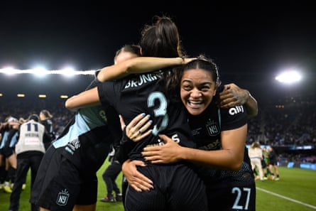 Bruninha and Jess Carter celebrate during the NWSL Championship final between Washington Spirit and Gotham FC