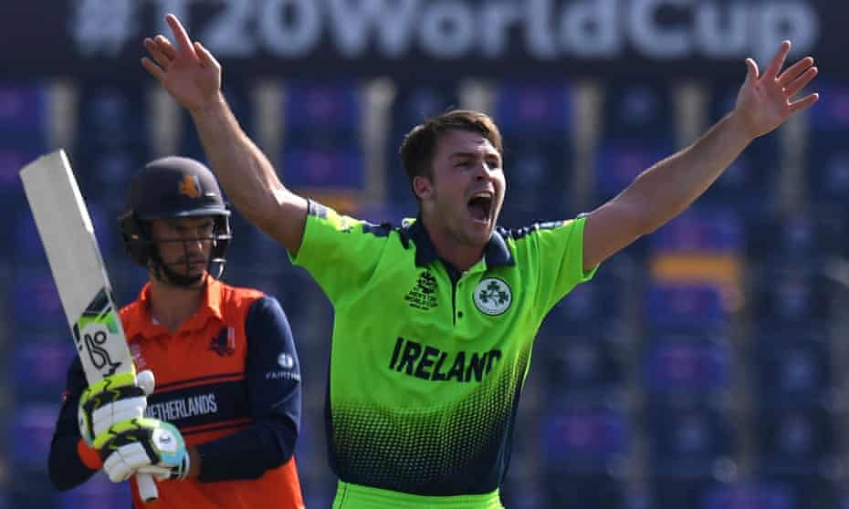 Curtis Campher celebrates after taking the wicket of Netherland's Scott Edwards during the T20 World Cup  match on Monday.