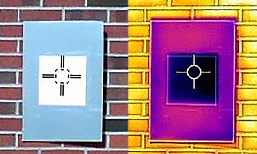 Infrared image shows how a sample of the 'whitest paint' (the dark purple square in the middle) cools the board below ambient temperature.