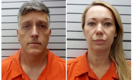 Composite image of white man and white woman in orange jumpsuits.