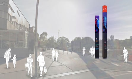An artist’s impression of the digital ‘totems’ that will help direct visitors between Federation Square’s five new zones