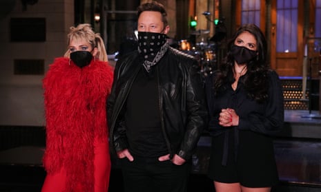 Left to right: musical guest Miley Cyrus, host Elon Musk, and Cecily Strong.