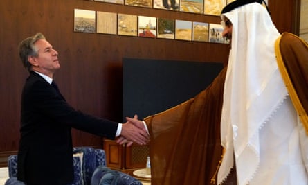 The US secretary of state, Antony Blinken, and the Emir of Qatar, Sheikh Tamim bin Hamad al-Thani, meet in Lusail, Qatar, on Friday 13 October 2023.