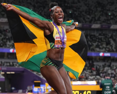 Shericka Jackson of Jamaica celebrates