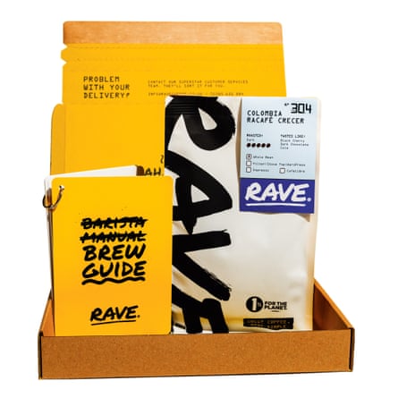 Yellow Rave Coffee packets and leaflets