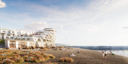An illustration of a white multi-storey building with flats and commercial units on Folkestone seafront.
