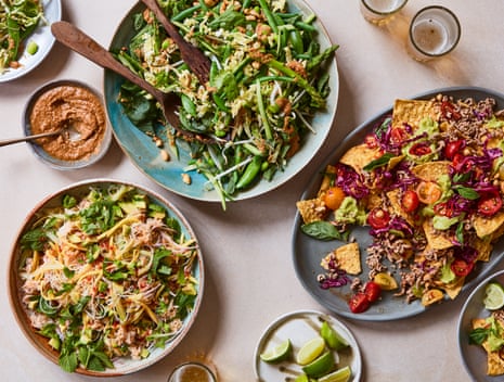 Clockwise from top: Ravinder Bhogal's summer vegetable salad with roasted peanut sauce, Thai-style nachos with laab (spicy minced pork, pickled cabbage, herbs, lime); and crab and mango rice noodle salad.