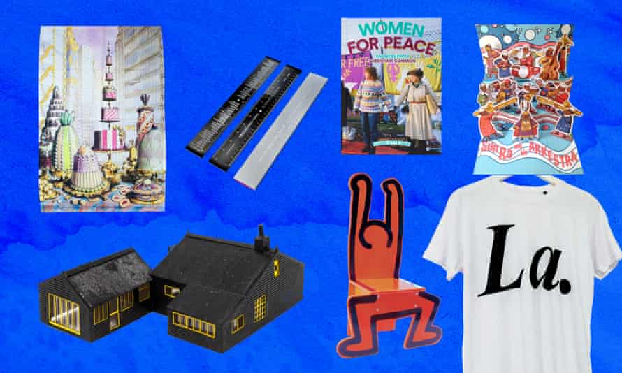 Pablo Bronstein tea towel, postpunk ruler, Women for Peace banner set book, Sun Ra diorama, Sin Ra shirt, Keith Haring chair, Derek Jarman model hut.