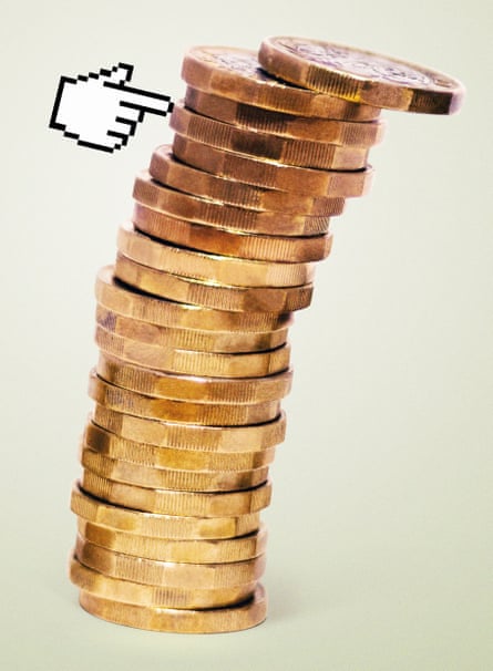 An illustration of a stack of pound coins with a digital hand pointing to the top of it as it tips over