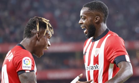 Athletic Bilbao’s Iñaki Williams (right) celebrates with his brother Nico after scoring against Almería.