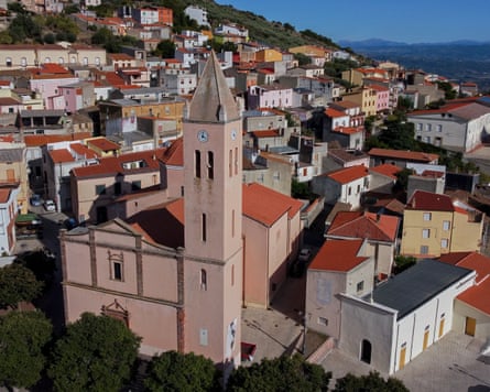 An aerial view of Bolotana, a picturesque hillside village in Sardinia, Italy.