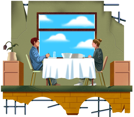 A graphic illustration of a man and a woman having dinner in a building that is crumbling