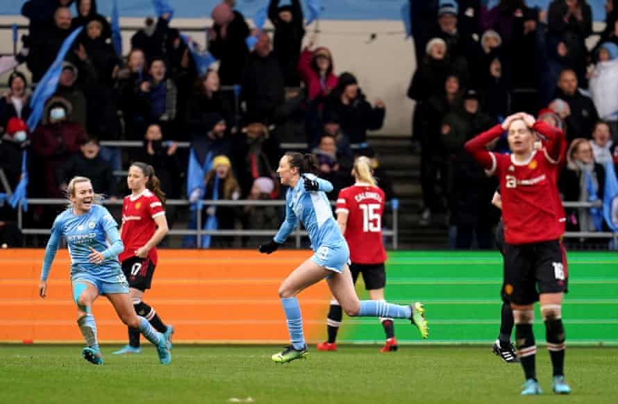 Caroline Weir (centre) celebrates her strike in Manchester City’s 1-0 win against their neighbours in February.