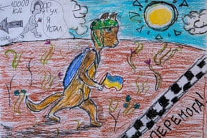 A cat with a backpack and a military helmet crosses the finish line in front of its Russian rival in this drawing by Solomia, 9.