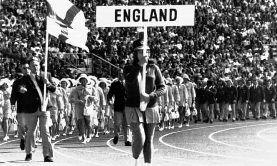 David Bryant carrying the flag as he leads the England team into the arena at the start of the opening of the 1974 Commonwealth Games in Christchurch, New Zealand.