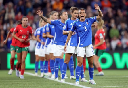 Lucia Di Guglielmo of Italy gestures as she tries to organise a defensive line against Portugal.