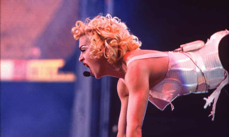 Madonna in her Gaultier bustier during her Blonde Ambition tour, 1990.
