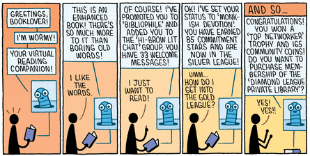 A cartoon strip about the gamification of reading.