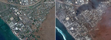 This combination of satellite images provided by Maxar Technologies shows an overview of Lahaina Square on Maui, Hawaii, on 25 June 2023, left, and an overview of the same area on Wednesday, on 9 August, following wildfires.