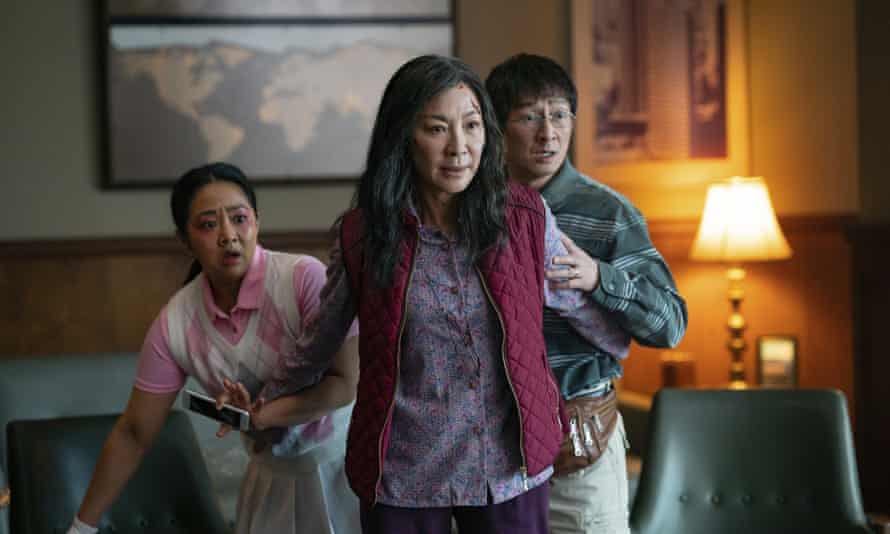 Stephanie Hsu, Michelle Yeoh and Ke Huy Quan in a scene from “Everything Everywhere All At Once.