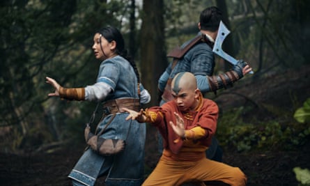 Kiawentiio as Katara, Gordon Cormier as Aang, Ian Ousley as Sokka in Avatar: The Last Airbender.