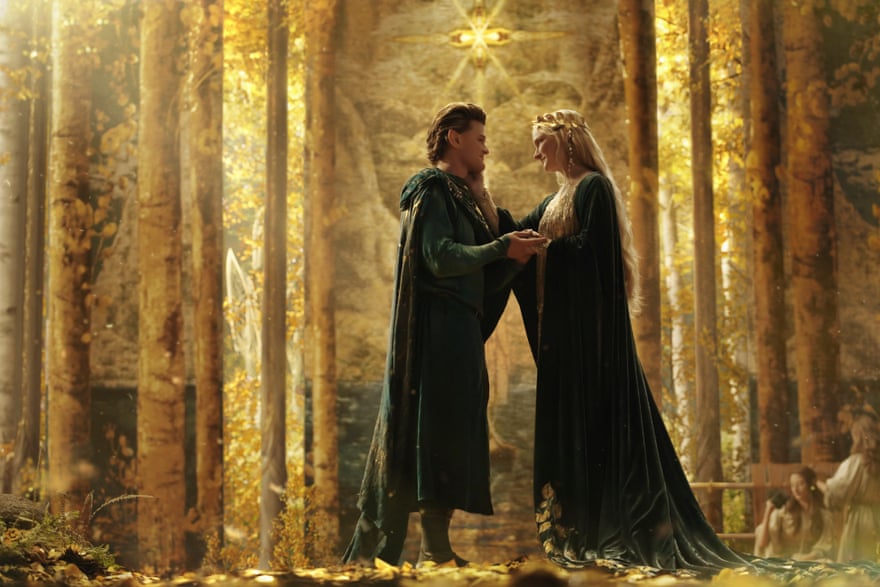 Robert Aramayo as Elrond and Morfydd Clark as Galadriel.