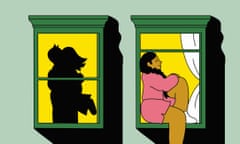 Illustration of two windows: one showing a couple embracing; another showing a girl sulking