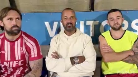 Bridgwater United owner Ian Davis, centre, alongside captain Mark Armstrong, left, and player-assistant manager Dave Thorne