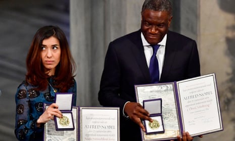 Nadia Murad and Dr Denis Mukwege with their prizes in Oslo