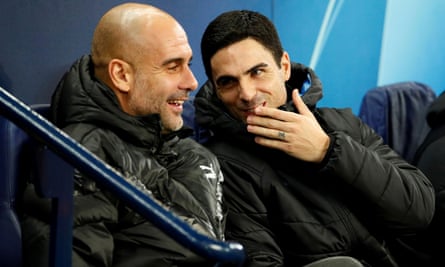 Pep Guardiola and Mikel Arteta speak before the Champions League group stage match between Manchester City and Shakhtar Donetsk at the Etihad Stadium on 26 November 2019
