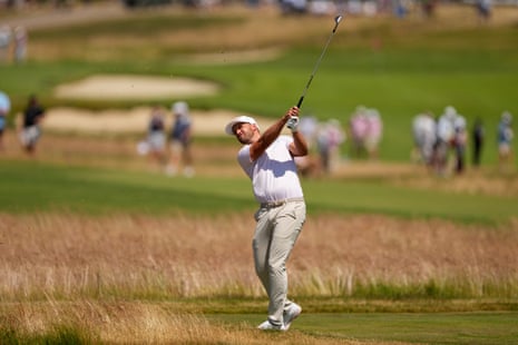 Wyndham Clark hits from the fairway on the first hole during the final round of the US Open