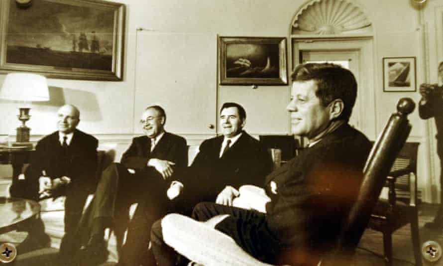 President Kennedy, right, meets the Soviet foreign minister, Andrei Gromyko, second from right, and other Soviet officials in the Oval Office on 18 October 1962 during the Cuban missile crisis.