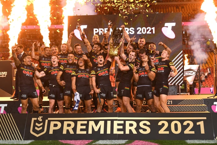 The Panthers celebrate winning the 2021 NRL grand final against the Rabbitohs at Suncorp Stadium in Brisbane