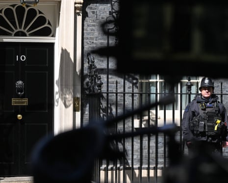TV crews wait in Downing Street on 14 May as news of challenges to Keir Starmer’s leadership emerges.