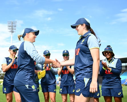 Lucy Hamilton receives her first international cap from former Australia captain Alyssa Healy