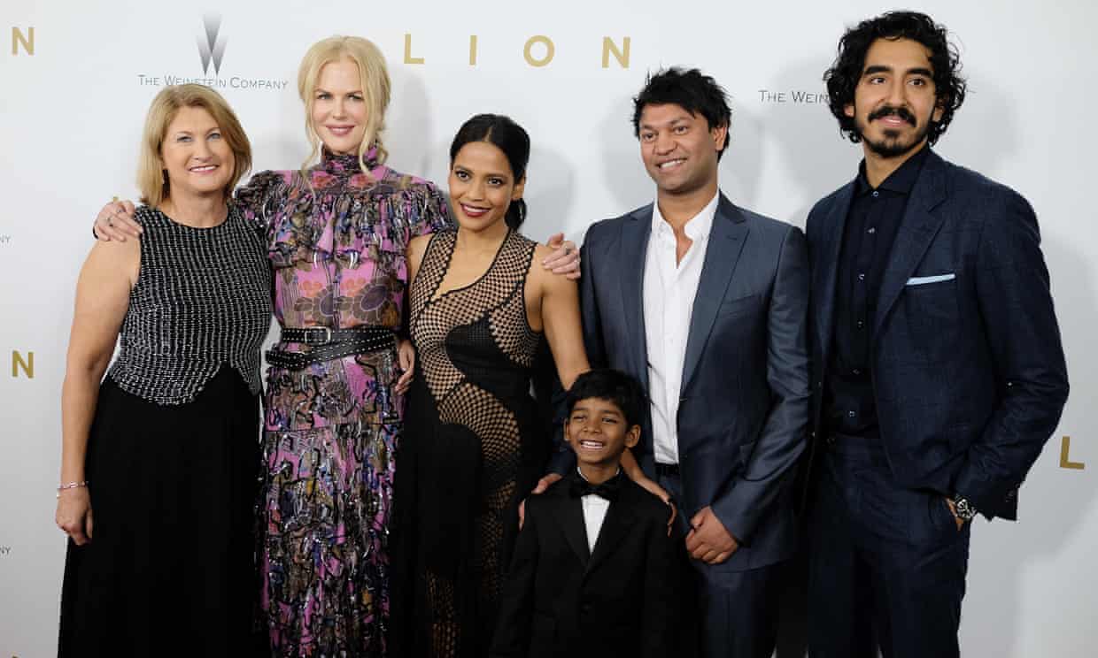 Left to right: Sue Brierley, Nicole Kidman, Priyanka Bose, Sunny Pawar, Saroo Brierley and Dev Patel attend the Lion New York premiere