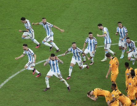 Argentina celebrate after beating the Netherlands on penalties in Lusail in 2022.